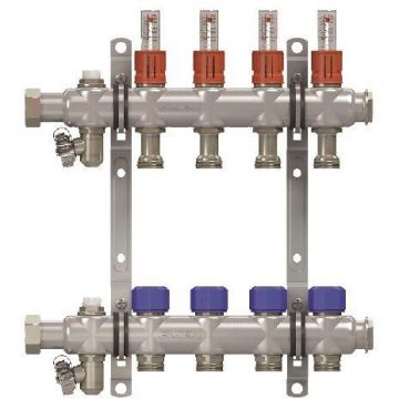 Коллекторная группа Elsen (Элсен) , 1″, 6 контуров, размер отвода-3/4″, с вентилями и расходомерами, нержавеющая сталь