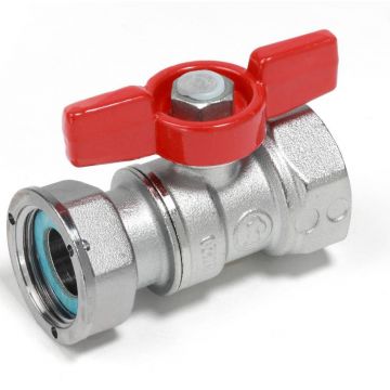 Кран шаровой, Giacomini (Джакомини) , 1/2″x3/4″ В-В с накидной гайкой хромированный с красной рукояткой бабочка R251PX003
