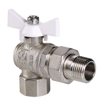 Кран шаровой Valtec (Вальтек) Base угловой с полусгоном 3/4″ вн.-нар. белая рукоятка (VT.228.NW.05)