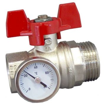 Кран шаровый Oventrop (Овентроп) с плоским уплотнением, термометр красный маховик ВР-НР DN 20, G 3/4 x 1 дюйм (1406483)