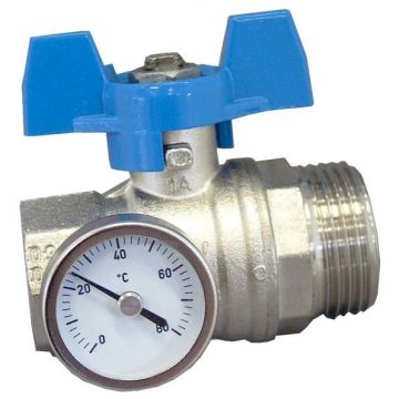 Кран шаровый Oventrop (Овентроп) с плоским уплотнением, термометр синий маховик ВР-НР DN 20, G 3/4 x 1 дюйм (1406583)