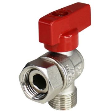 Кран шаровой Elsen (Элсен) , угловой, 3/4″, 3/4″, НВ, ручка-флажок красная, с НГ
