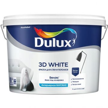 Краска Dulux 3D White для стен и потолков BW ослепительно белая матовая 9 л Краска Dulux 3D White для стен и потолков BW ослепительно белая матовая 9 л
