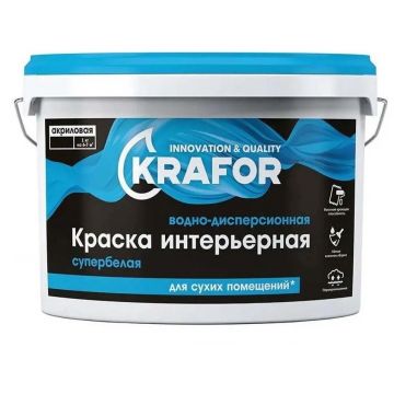 Краска интерьерная водно-дисперсионная акриловая Krafor для сухих помещений матовая супербелая 1,5 кг Краска интерьерная водно-дисперсионная акриловая Krafor для сухих помещений матовая супербелая 1,5 кг