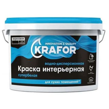 Краска интерьерная водно-дисперсионная акриловая Krafor для сухих помещений матовая супербелая 14 кг