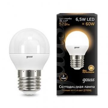 Лампа светодиодная Gauss 105102107 E27 -цоколь, G45/P45 -колба, 6.5 Вт, шар, теплый, 2700 K, 520 Лм