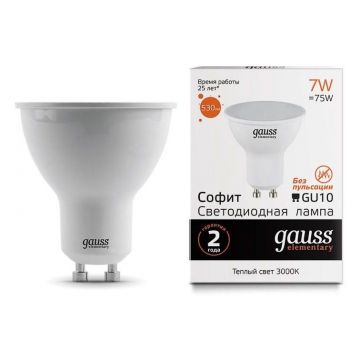 Лампа светодиодная Gauss 13617 GU10 -цоколь, MR16 -колба, 7 Вт, рефлекторная, теплый, 3000 K, 530 Лм
