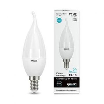 Лампа светодиодная Gauss 34128 LED ELEMENTARY CANDLE TAILED 8W E14 4100K E14 -цоколь, CA37 -колба, 8 Вт, свеча на ветру, нейтральный, 4100 K, 540 Лм