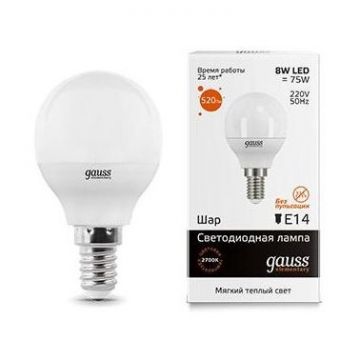 Лампа светодиодная Gauss 53118 E14 -цоколь, G45/P45 -колба, 8 Вт, шар, теплый, 2700 K, 520 Лм