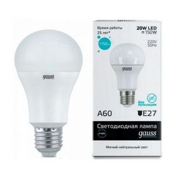 Лампа светодиодная Gauss LED Elementary 23229 E27 -цоколь, A60 -колба, 20 Вт, груша, нейтральный, 4100 K, 1600 Лм