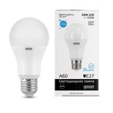 Лампа светодиодная Gauss LED Elementary 23239 E27 -цоколь, A60 -колба, 20 Вт, груша, холодный, 6500 K, 1750 Лм