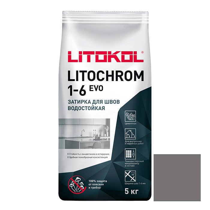 Затирка цементная Litokol (Литокол) Litochrom 1-6 Evo LE.110 стальная серая 5 кг