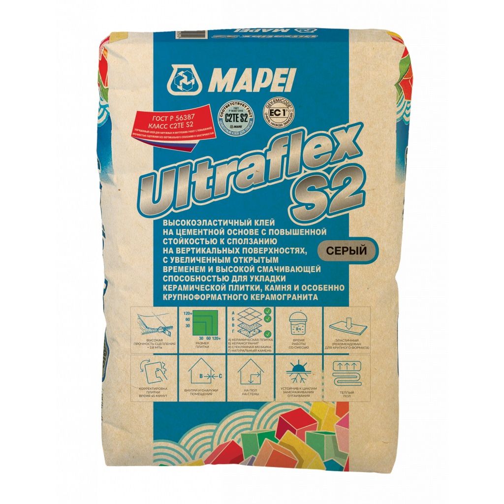 Клей для плитки Mapei (Мапей) Ultraflex S2 серый 25 кг