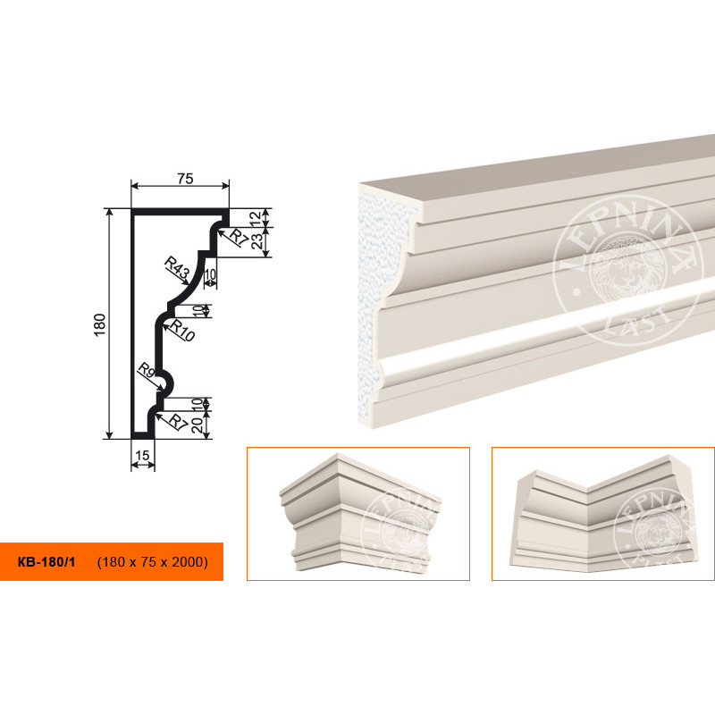 Фасадный карниз Lepninaplast (Лепнинапласт), 180х75х2000 мм, Пенополистирол, КВ-180/1