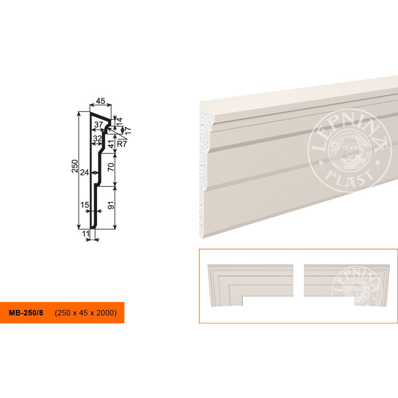 Фасадный молдинг Lepninaplast (Лепнинапласт), 250х45х2000 мм, Пенополистирол, МВ-250/8