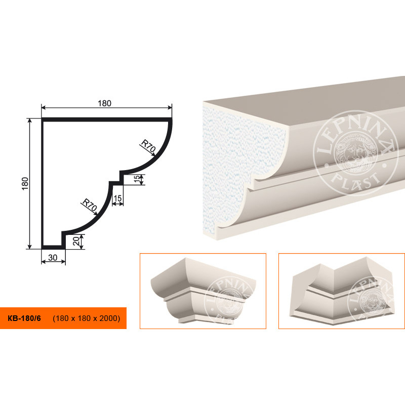 Фасадный карниз Lepninaplast (Лепнинапласт), 180х180х2000 мм, Пенополистирол, КВ-180/6