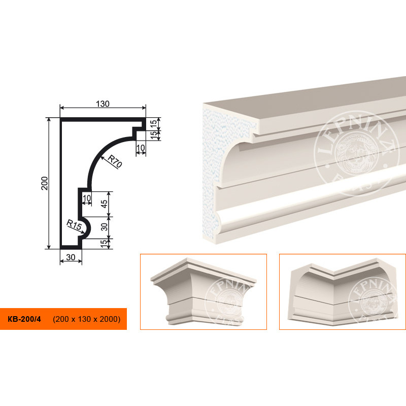 Фасадный карниз Lepninaplast (Лепнинапласт), 200х130х2000 мм, Пенополистирол, КВ-200/4