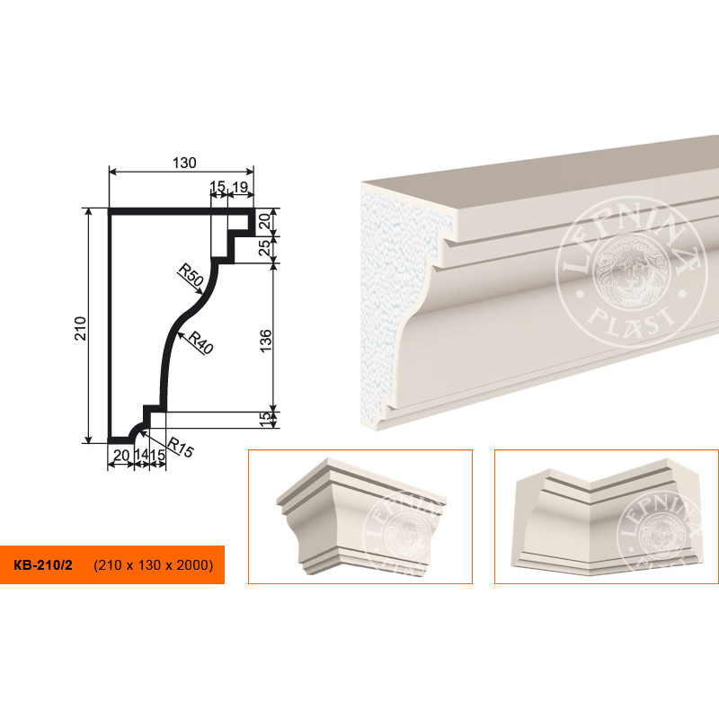 Фасадный карниз Lepninaplast (Лепнинапласт), 210х130х2000 мм, Пенополистирол, КВ-210/2