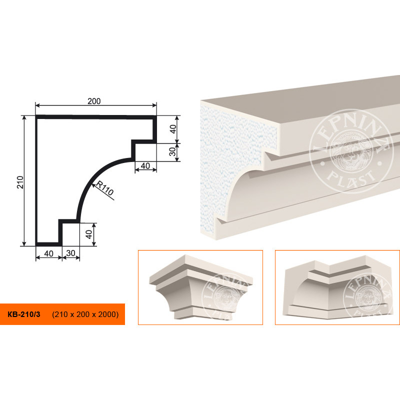 Фасадный карниз Lepninaplast (Лепнинапласт), 210х200х2000 мм, Пенополистирол, КВ-210/3