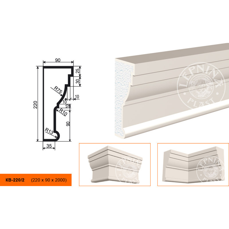 Фасадный карниз Lepninaplast (Лепнинапласт), 220х90х2000 мм, Пенополистирол, КВ-220/2
