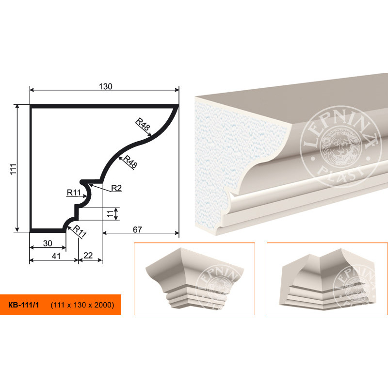 Фасадный карниз Lepninaplast (Лепнинапласт), 111х130х2000 мм, Пенополистирол, КВ-111/1