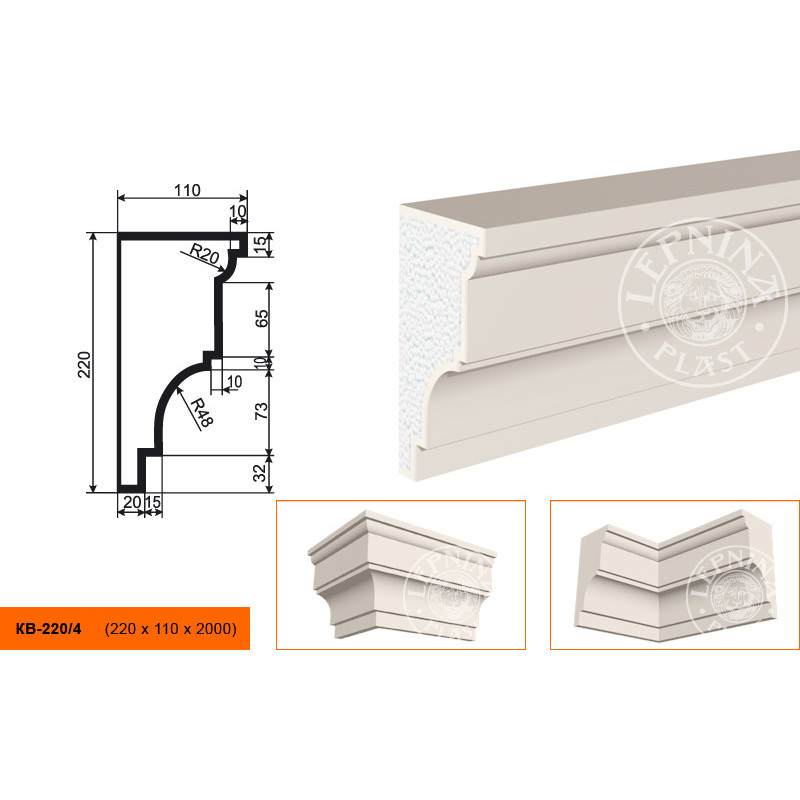 Фасадный карниз Lepninaplast (Лепнинапласт), 220х110х2000 мм, Пенополистирол, КВ-220/4