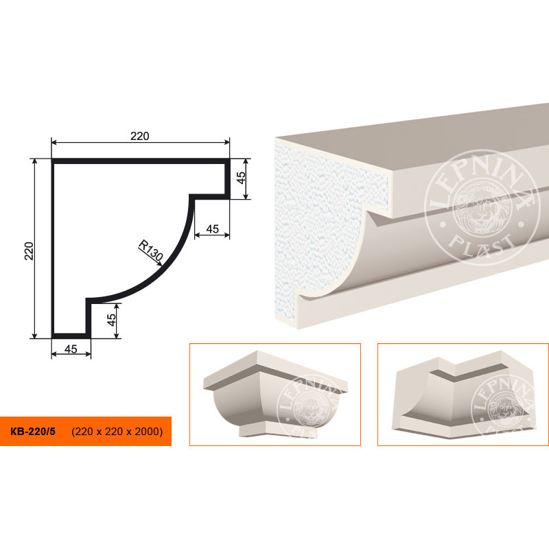 Фасадный карниз Lepninaplast (Лепнинапласт), 220х220х2000 мм, Пенополистирол, КВ-220/5