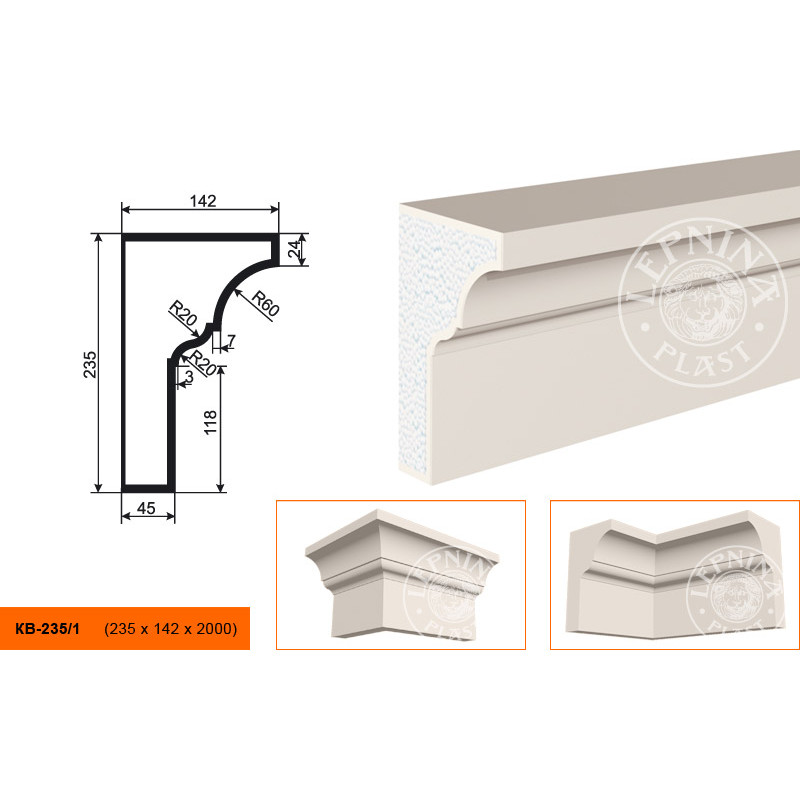 Фасадный карниз Lepninaplast (Лепнинапласт), 235х142х2000 мм, Пенополистирол, КВ-235/1