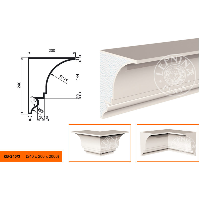 Фасадный карниз Lepninaplast (Лепнинапласт), 240х200х2000 мм, Пенополистирол, КВ-240/3