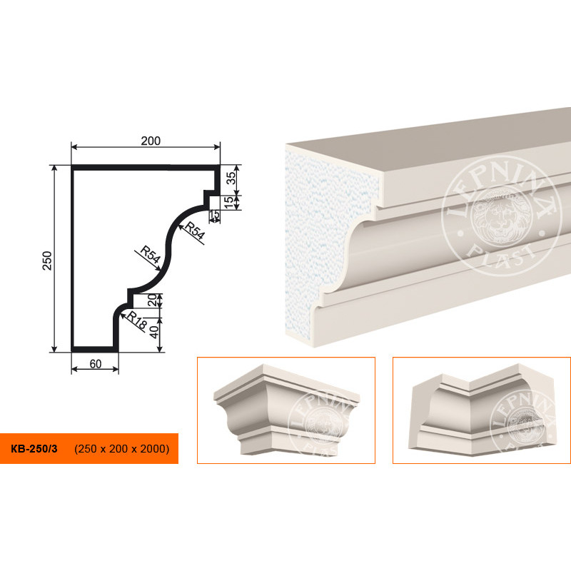 Фасадный карниз Lepninaplast (Лепнинапласт), 250х200х2000 мм, Пенополистирол, КВ-250/3