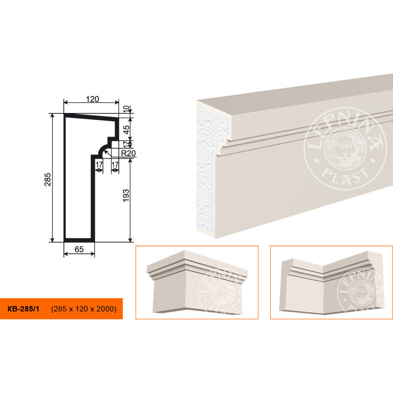 Фасадный карниз Lepninaplast (Лепнинапласт), 285х120х2000 мм, Пенополистирол, КВ-285/1