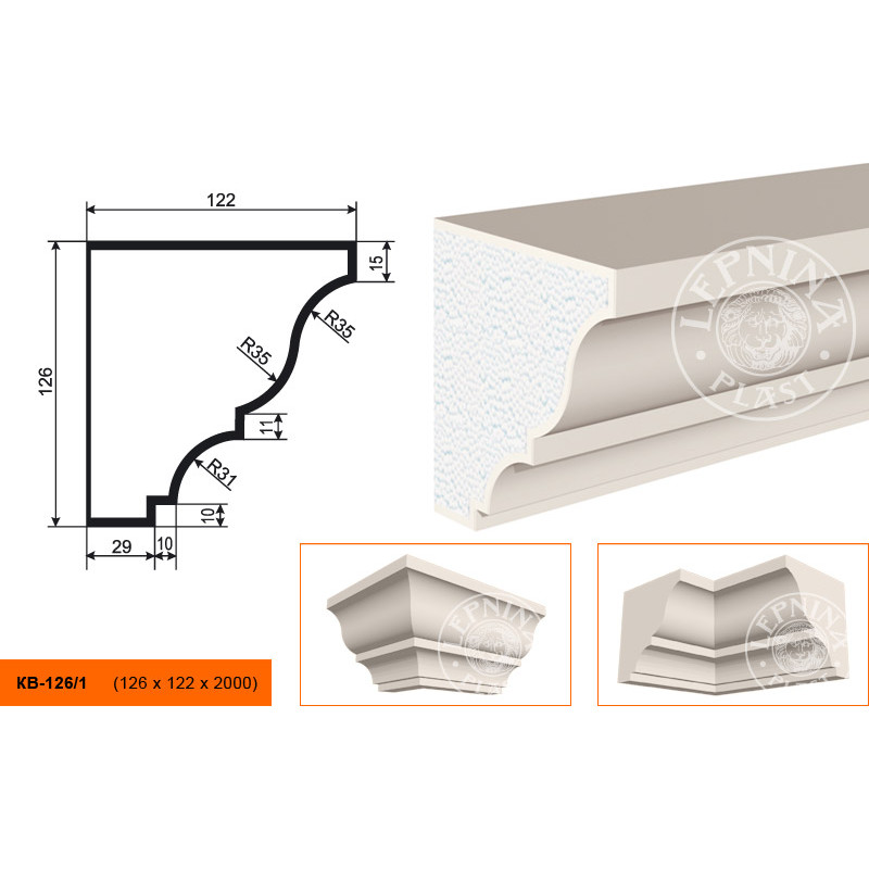 Фасадный карниз Lepninaplast (Лепнинапласт), 126х122х2000 мм, Пенополистирол, КВ-126/1