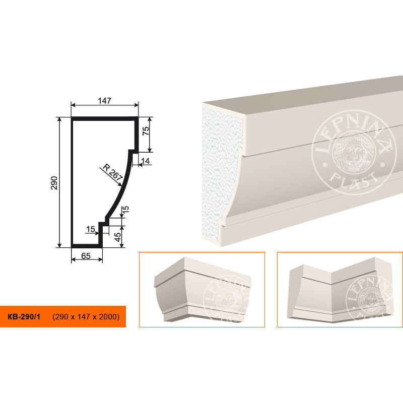 Фасадный карниз Lepninaplast (Лепнинапласт), 290х147х2000 мм, Пенополистирол, КВ-290/1