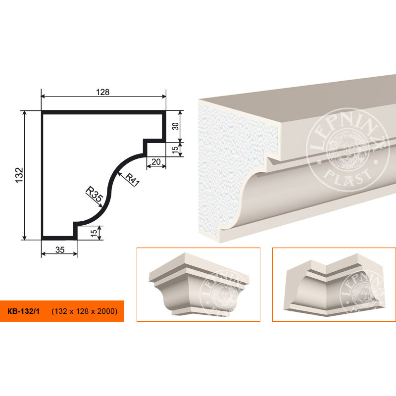 Фасадный карниз Lepninaplast (Лепнинапласт), 132х128х2000 мм, Пенополистирол, КВ-132/1