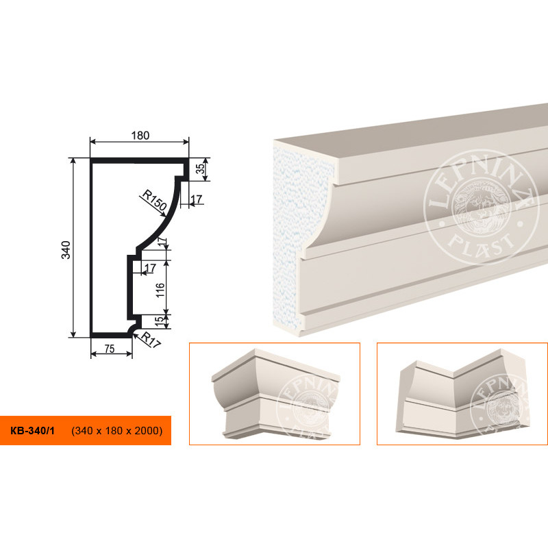 Фасадный карниз Lepninaplast (Лепнинапласт), 340х180х2000 мм, Пенополистирол, КВ-340/1