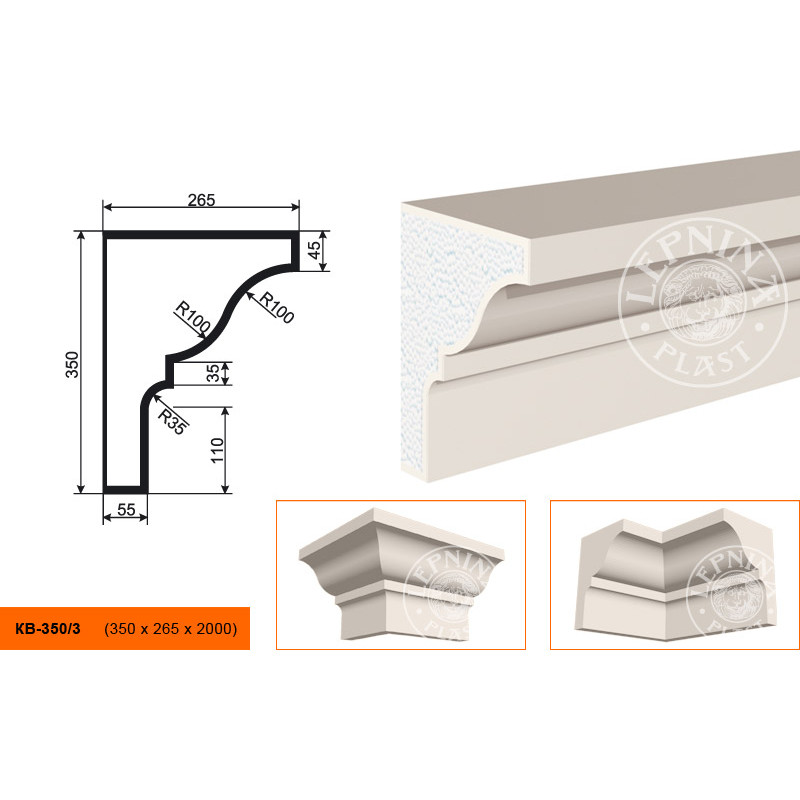 Фасадный карниз Lepninaplast (Лепнинапласт), 350х265х2000 мм, Пенополистирол, КВ-350/3