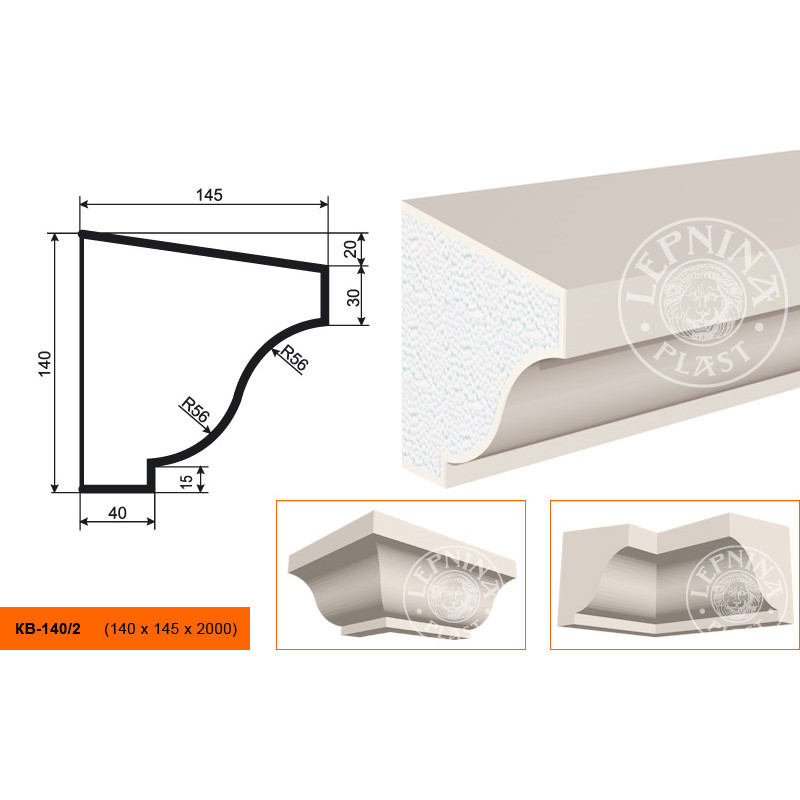 Фасадный карниз Lepninaplast (Лепнинапласт), 140х145х2000 мм, Пенополистирол, КВ-140/2