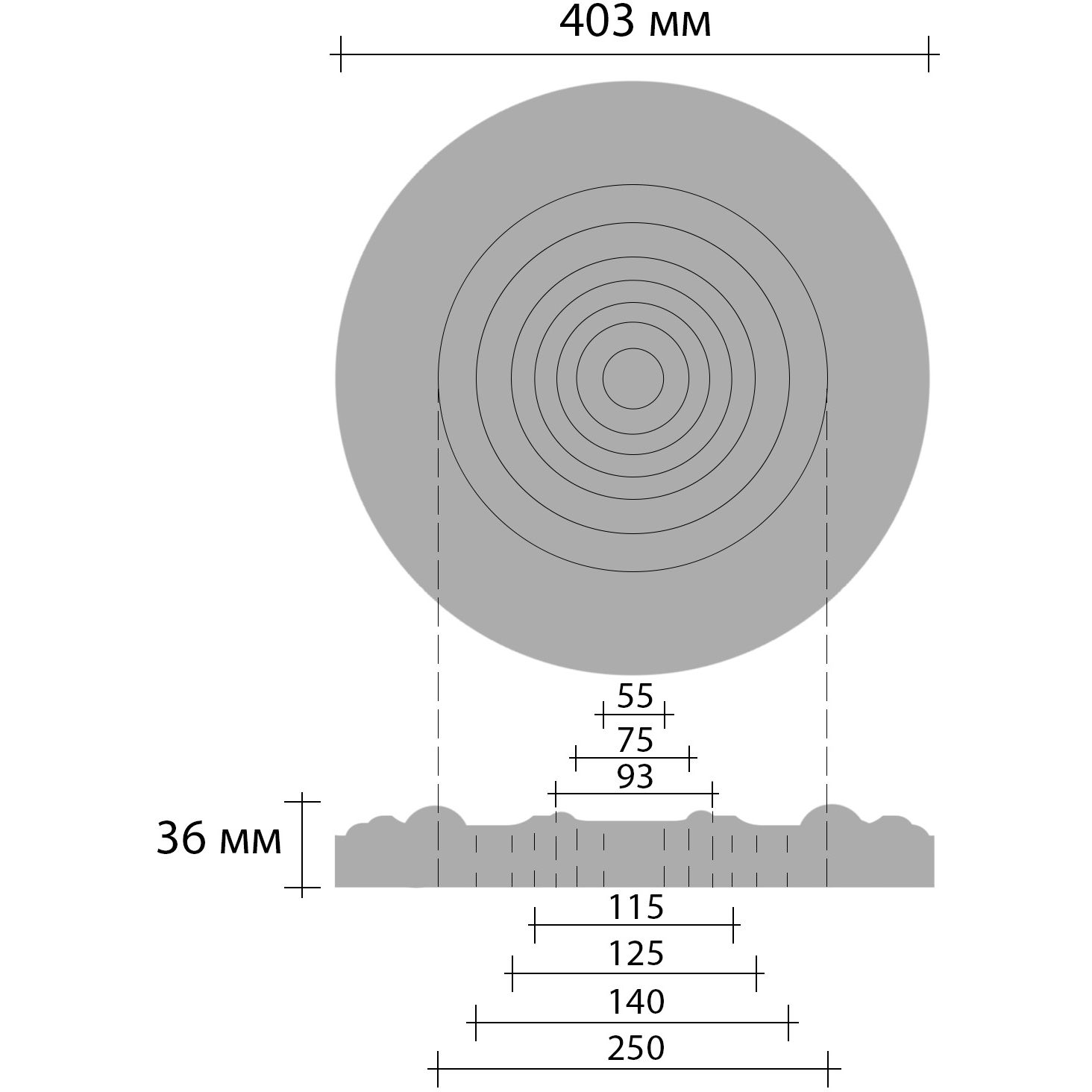 Розетка потолочная Decomaster (Декомастер) d наружный 403 мм, d внутренний 50 мм, высота 36 мм DM-0402