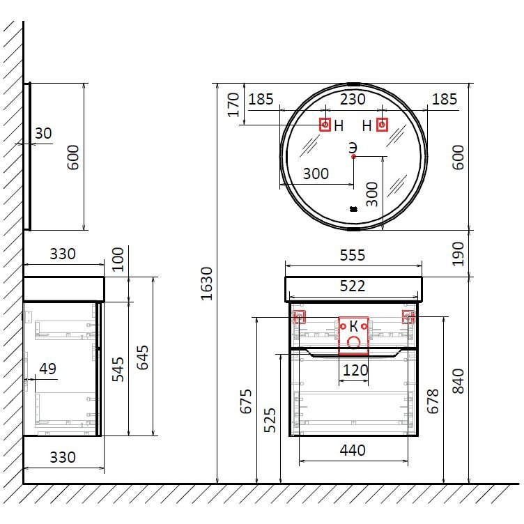 Тумба под раковину Jorno (Жорно) Folk 55 см подвесная антрацит (без раковины) (Folk.01.55/P/A/JR)