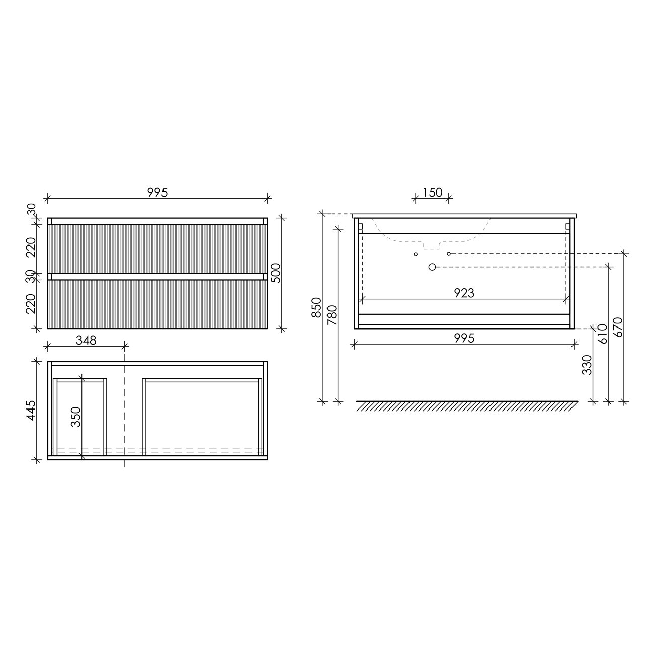 Тумба подвесная Sancos (Санкос) Snob T левая 995х445х500 мм, c двумя ящиками оснащенными доводчиками, Doha Soft, (без раковины) (SNT100LSM)