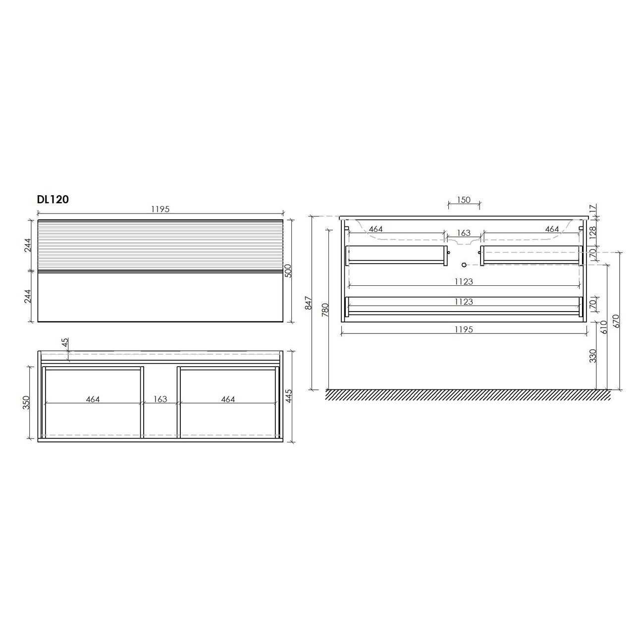 Тумба подвесная Sancos (Санкос) Delta 1195х445х500 мм, c двумя ящиками оснащенными доводчиками, дуб светлый/белый, (без раковины) (DL120W)