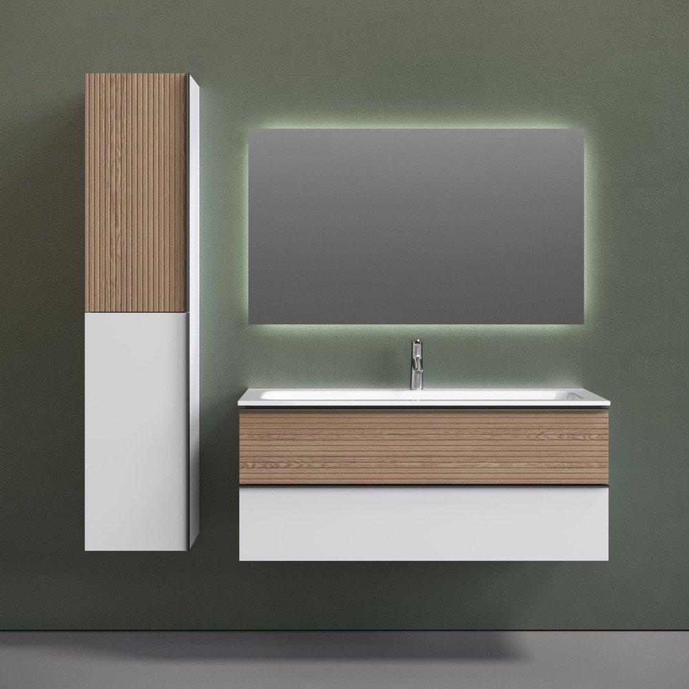 Тумба подвесная Sancos (Санкос) Delta 1195х445х500 мм, c двумя ящиками оснащенными доводчиками, дуб светлый/белый, (без раковины) (DL120W)