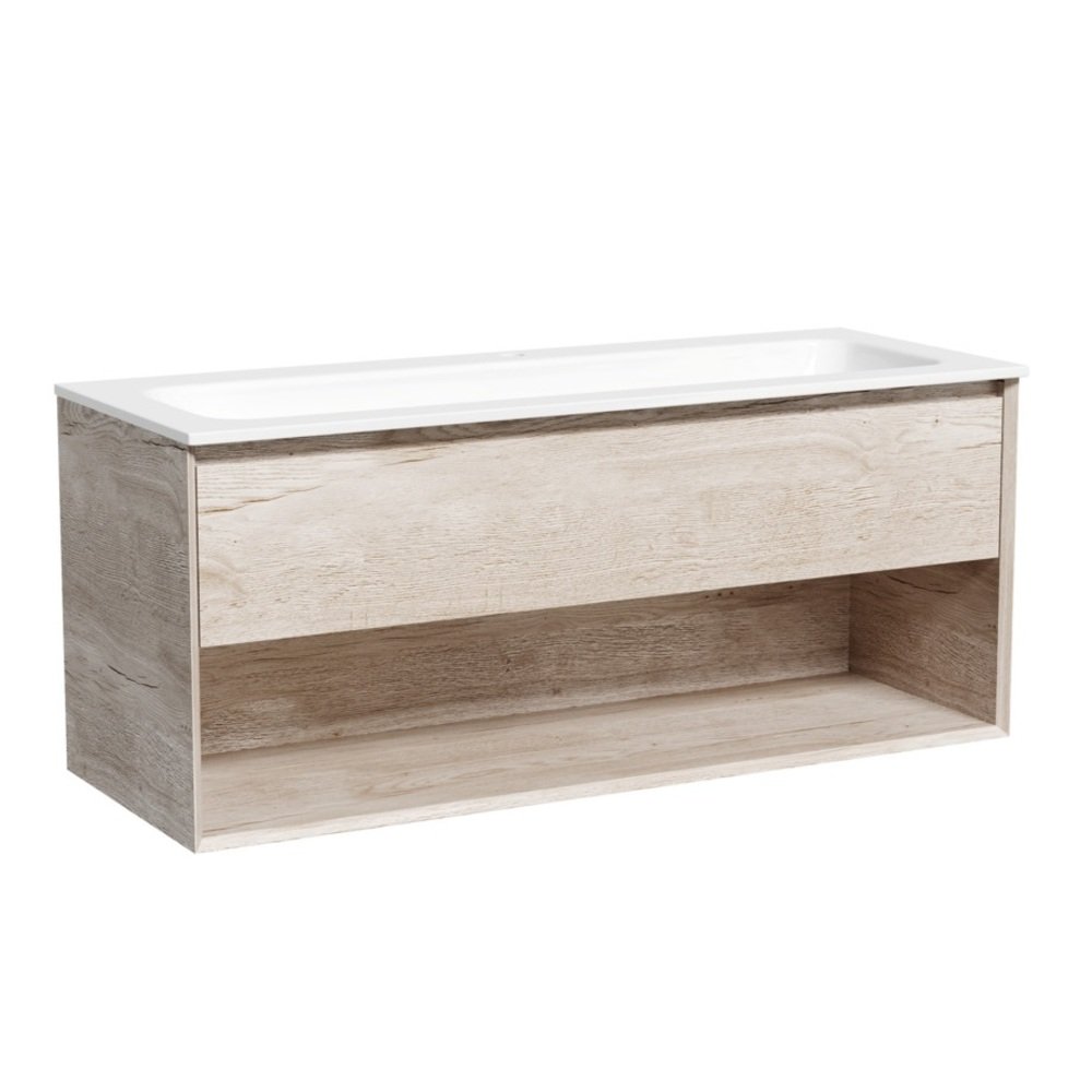 Тумба подвесная Sancos (Санкос) Marmi 1.0 1195х445х520 c одним ящиком оснащенным доводчиками скрытого монтажа и открытой нишей, дуб галифакс натуральный, (без раковины) (MR1.0120EG)