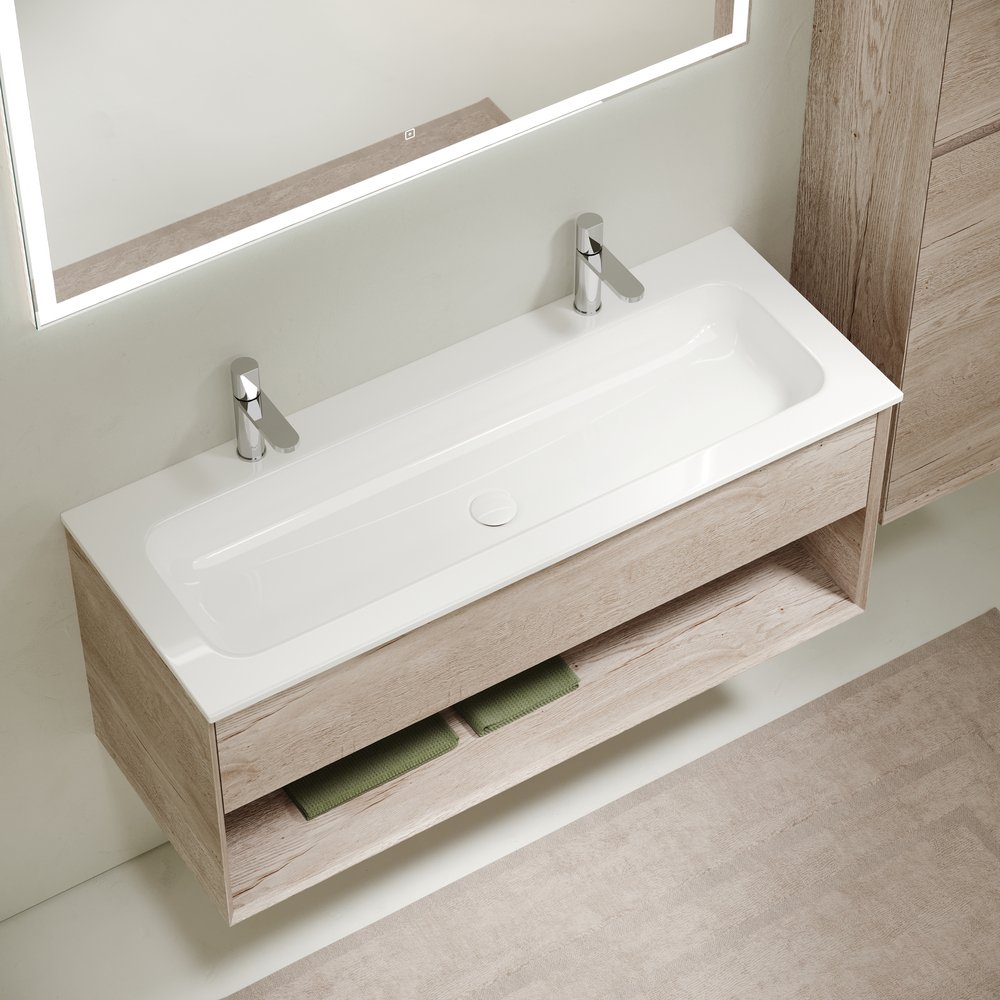 Тумба подвесная Sancos (Санкос) Marmi 1.0 1195х445х520 c одним ящиком оснащенным доводчиками скрытого монтажа и открытой нишей, дуб галифакс натуральный, (без раковины) (MR1.0120EG)