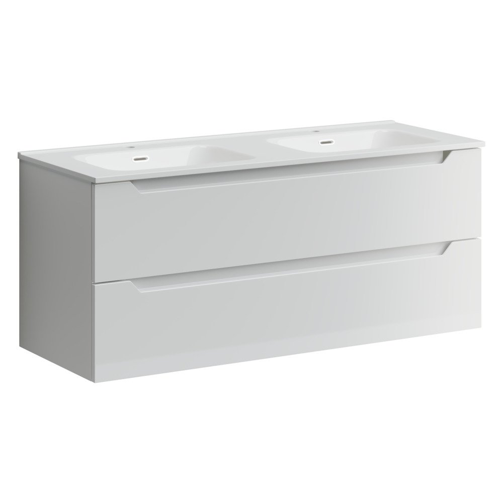 Тумба подвесная Sancos (Санкос) Norma 2.0 1190х450х500 мм, c двумя ящиками оснащенными доводчиками, белый глянец, (без раковины) (NR2.120-2W)