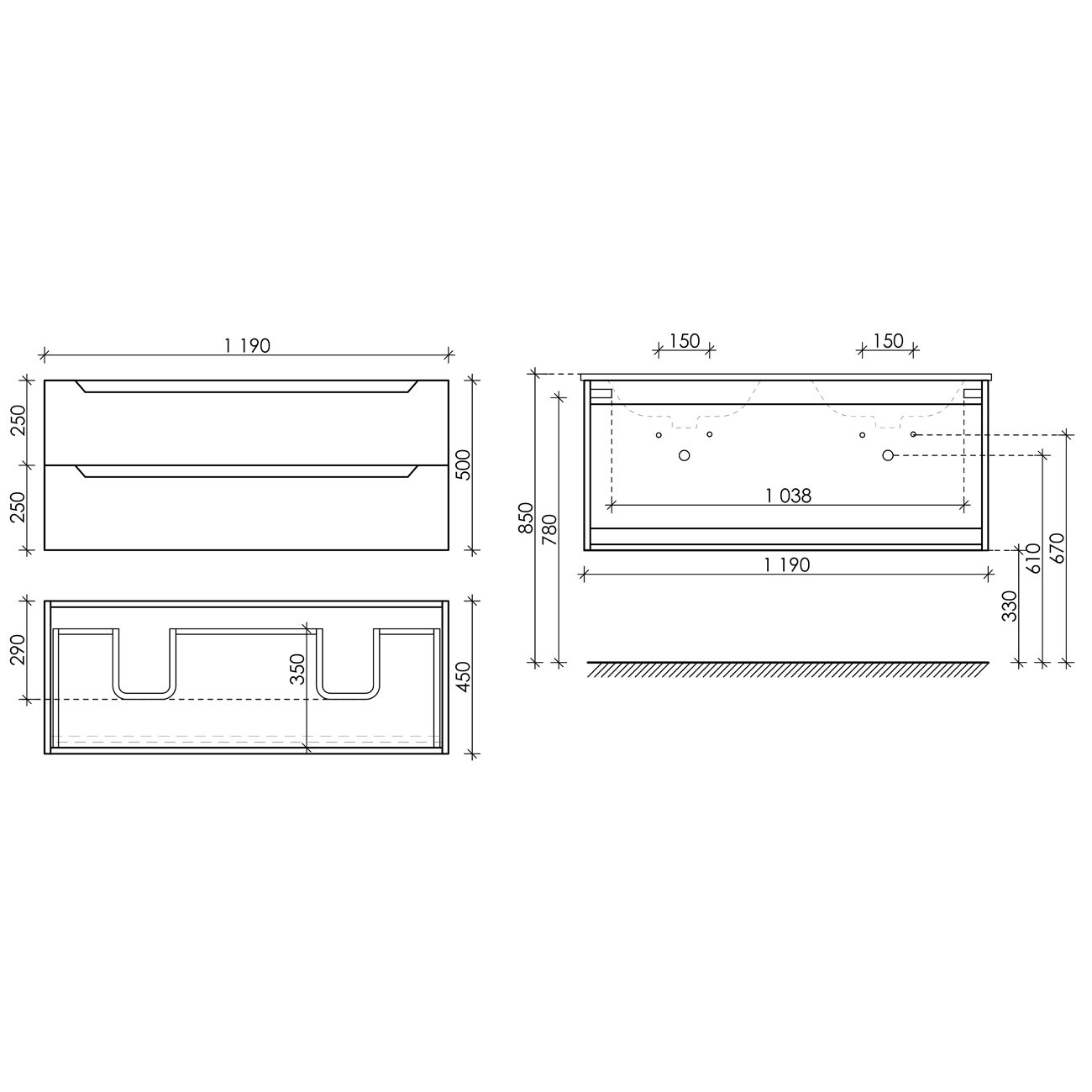 Тумба подвесная Sancos (Санкос) Norma 2.0 1190х450х500 мм, c двумя ящиками оснащенными доводчиками, белый глянец, (без раковины) (NR2.120-2W)