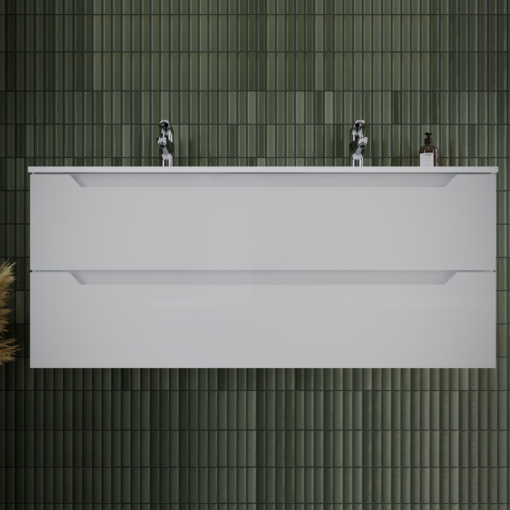 Тумба подвесная Sancos (Санкос) Norma 2.0 1190х450х500 мм, c двумя ящиками оснащенными доводчиками, белый глянец, (без раковины) (NR2.120-2W)