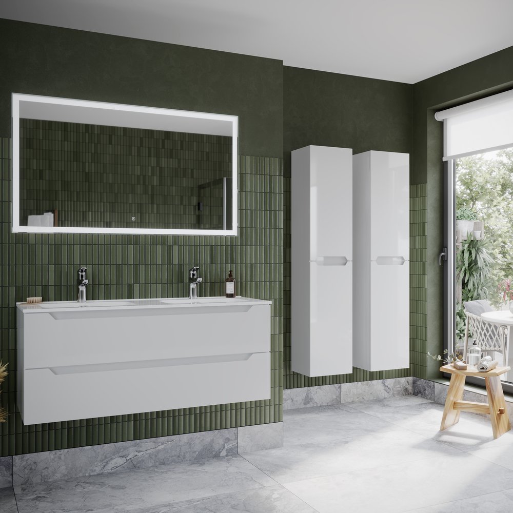 Тумба подвесная Sancos (Санкос) Norma 2.0 1190х450х500 мм, c двумя ящиками оснащенными доводчиками, белый глянец, (без раковины) (NR2.120-2W)