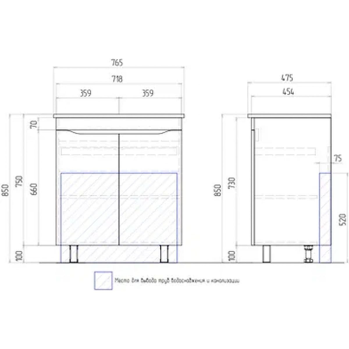 Тумба Vigo (Виго) Grani 75-2-0, tn.GRI.OSK.75.2D напольная, 2 дв.(под раковину Оскар 75) белый