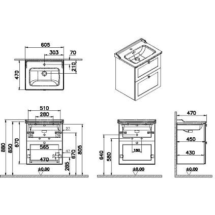 Тумба с раковиной Vitra (Витра) Root Classic 60 см с классической раковиной 2 ящика матовый белый (68848)